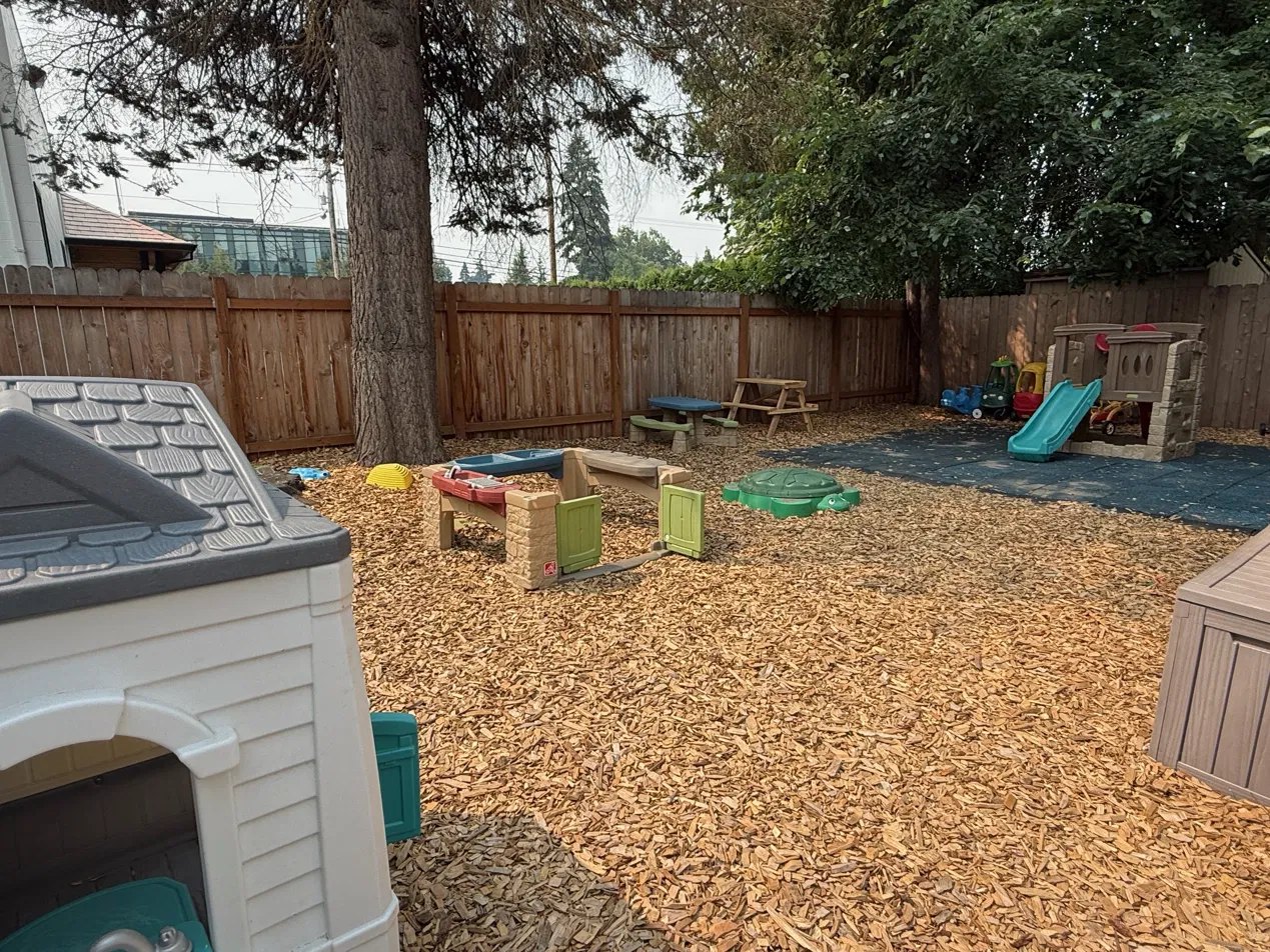 Our fenced play yard in summer, with playhouse and slide